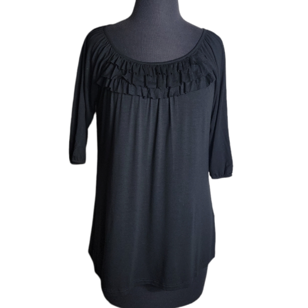 Ginger G black ruffle scoop neck top 3/4 sleeve stretch women's size small